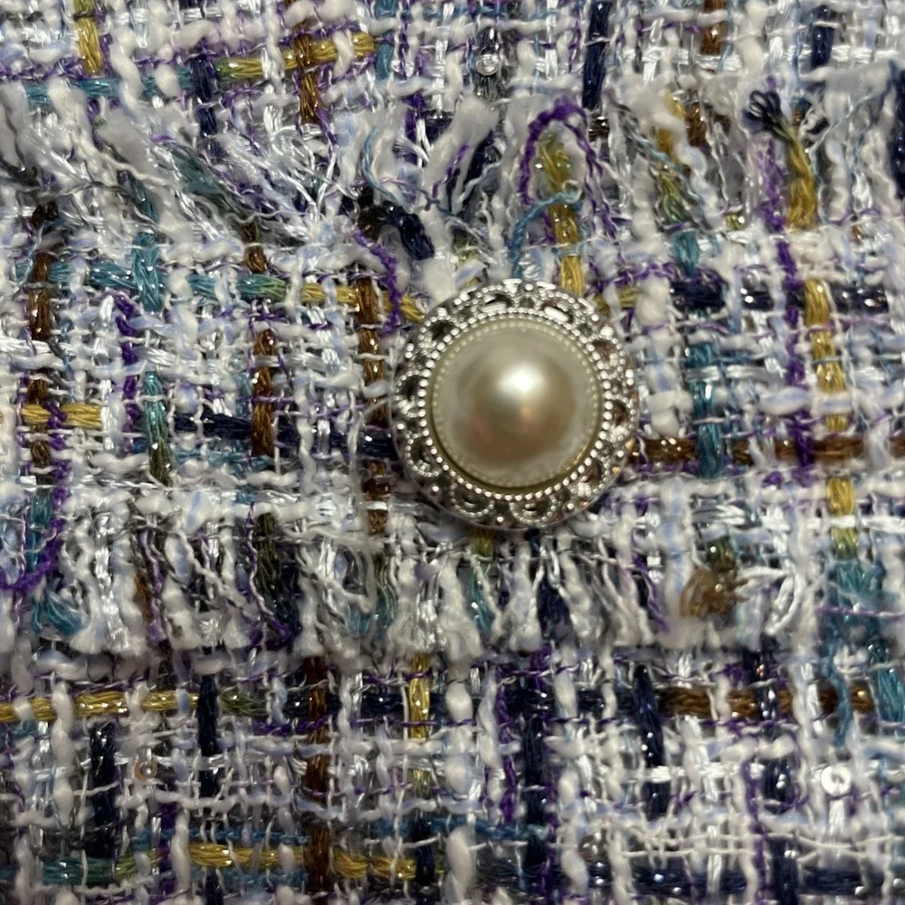 Nanette Lepore Nora‎ Boucle Jacket Womens L Blue Metallic Tweed Pearl Buttons - Picture 7 of 11